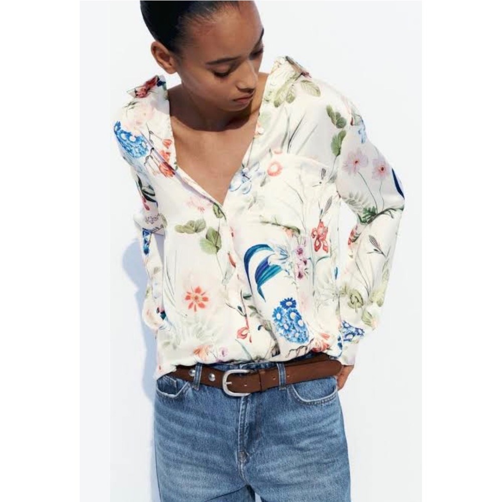 Zara Women Cream Floral Satin Button Down Long Sleeve Shirt Medium Cottagecore